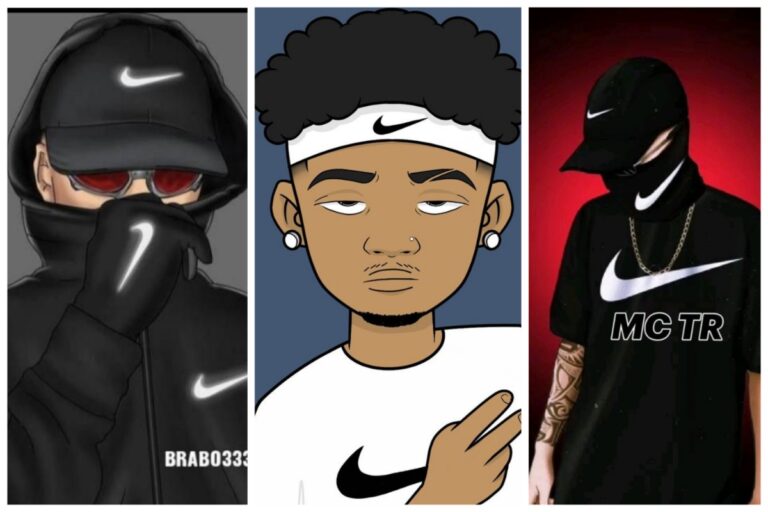 Uma colagem vibrante mostra duas pessoas vestidas com roupas da Nike e um personagem de desenho animado, ou "Cria da Nike", ostentando uma faixa de cabeça da Nike.