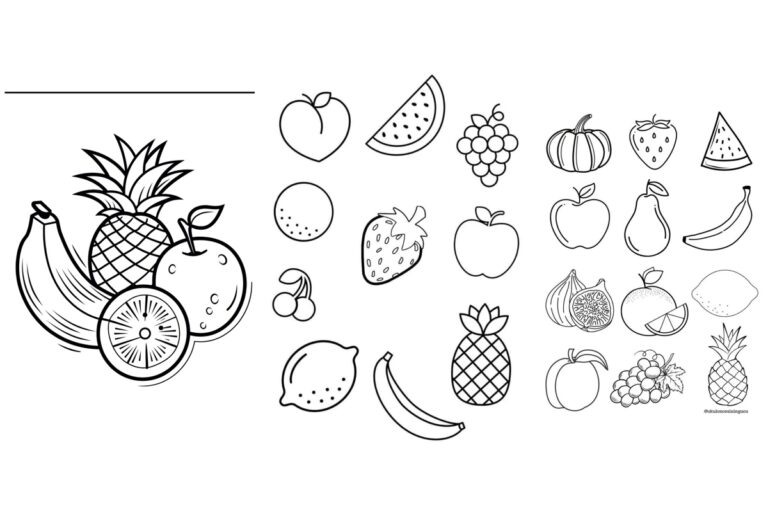 Desenhos em preto e branco de várias frutas, incluindo bananas, abacaxi, maçã, limão, uva e melancia. Perfeito para crianças colorirem ou para qualquer um que queira relaxar com alguma atividade criativa. Imprimir Grátis e aproveite-se com estes Desenhos de Frutas para Colorir!