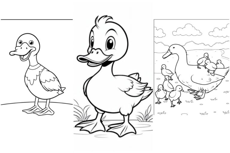 Três ilustrações em preto e branco de patos para colorir: dois patos solteiros e uma mãe pata com patinhos caminhando ao lado de um lago. Desenhos de pato para imprimir grátis para uma atividade divertida.