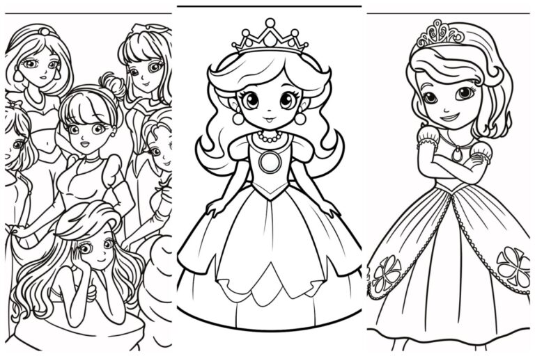 Ilustração em preto e branco de várias princesas usando coroas e vestidos; uma princesa central posa com os braços cruzados, perfeita para atividades de "Princesas para Colorir". Para desenhar.