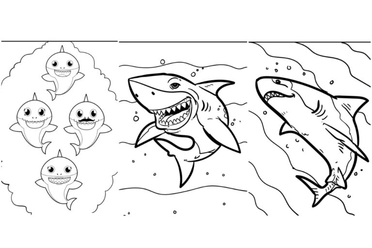 Três tubarões de desenho animado, um com três peixes pequenos, outro com um grande sorriso e o terceiro nadando calmamente no oceano. Desenho de tubarão perfeito para colorir ou imprimir grátis para uma atividade divertida e criativa.