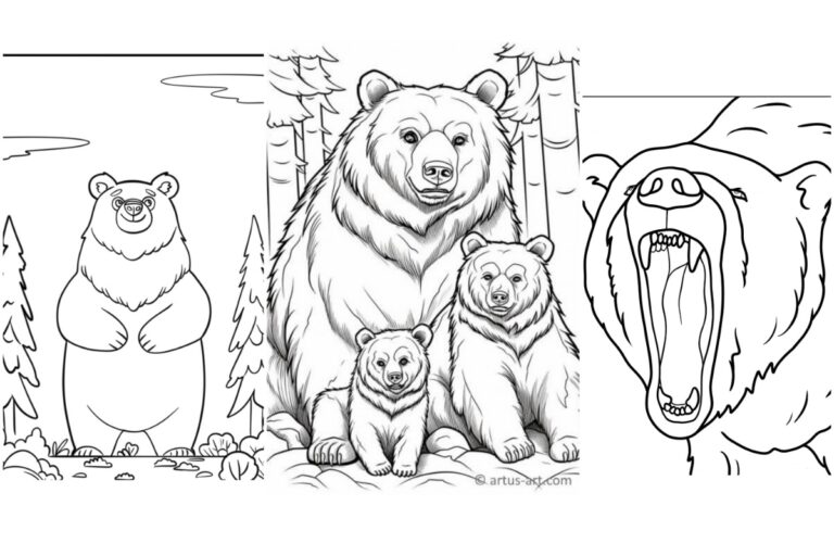 Três ilustrações de urso delineadas: um urso em pé, uma família de ursos e um rugindo com a boca aberta. Desenhos de urso perfeitos para colorir, eles podem ser impressos gratuitamente para horas de diversão.