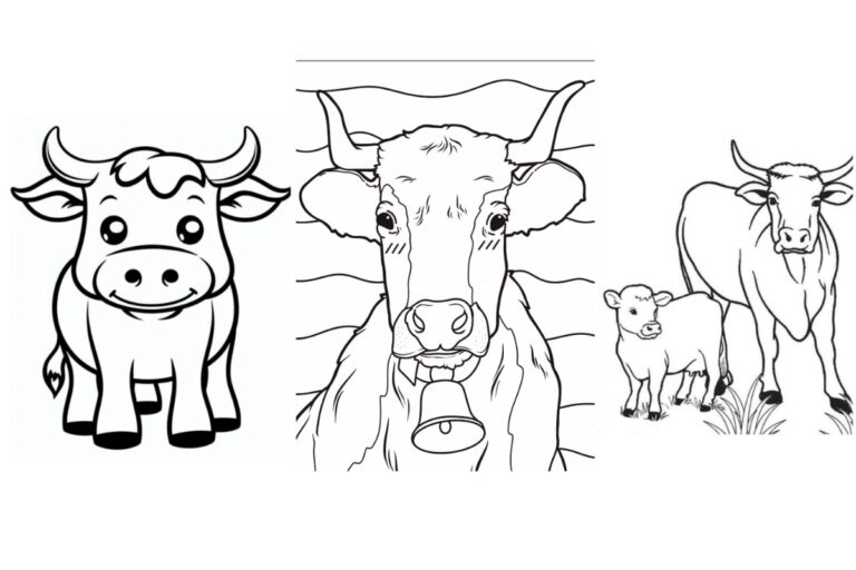 Três desenhos de vaca em preto e branco: um cartoonish, um close up com um sino e um com um bezerro em um campo. Perfeito para colorir e imprimir grátis!