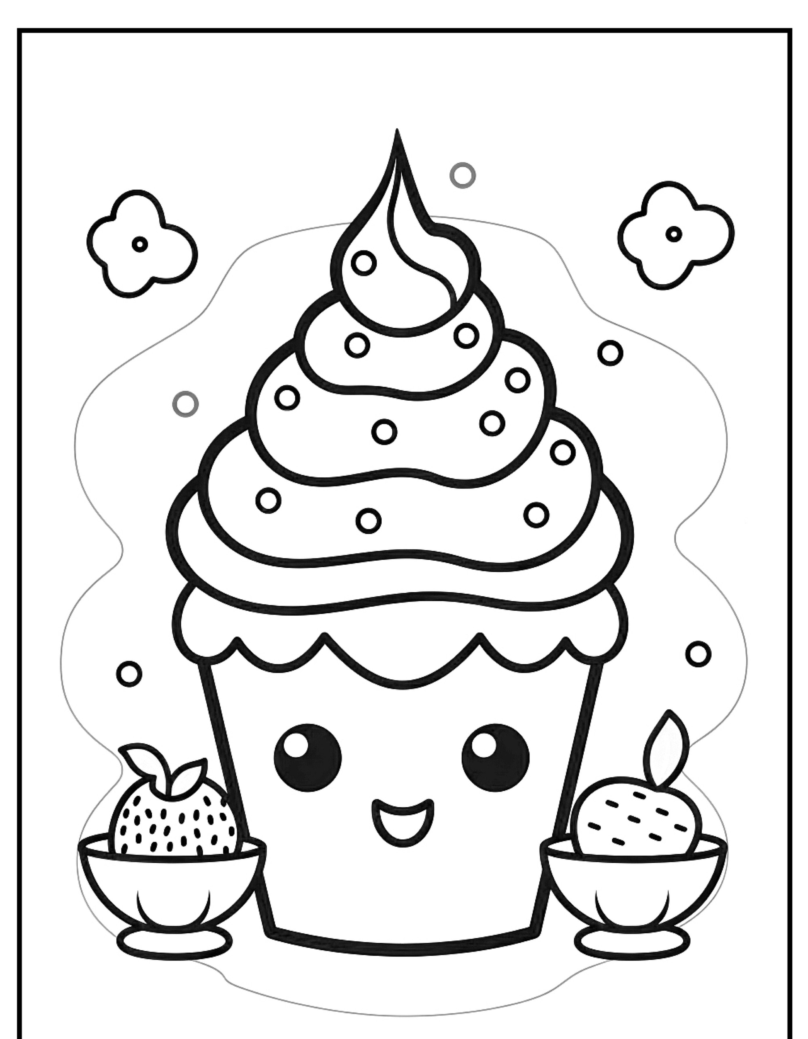 Uma página para colorir de um cupcake sorridente com granulado, ladeado por duas tigelas de sobremesa com morangos e cerejas. Esse é um exemplo perfeito de desenhos de comida para colorir que as crianças vão adorar!