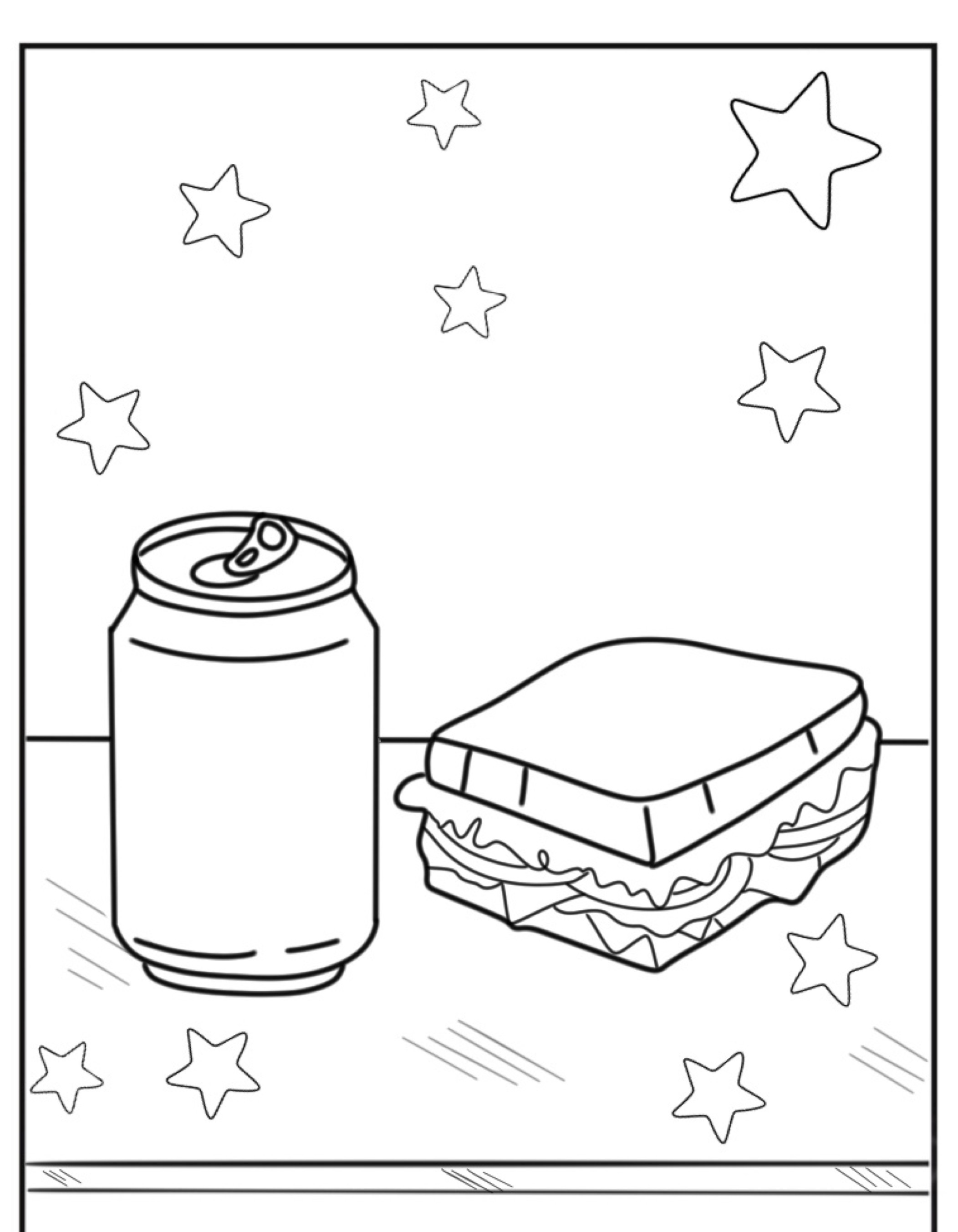 Uma lata de refrigerante e um sanduíche sobre uma mesa com decorações de estrelas ao fundo, como uma página de um livro de colorir ganhando vida.