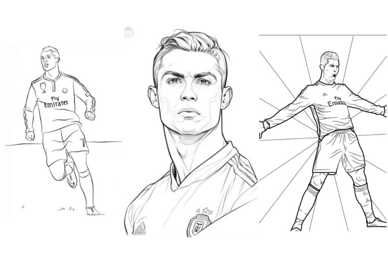 Três esboços de Cristiano Ronaldo em poses diferentes, vestindo um uniforme que diz "Fly Emirates". Esses desenhos para colorir são perfeitos para fãs e podem ser impressos gratuitamente.