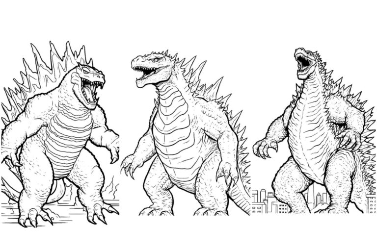 Três ilustrações rugindo de Godzilla, em pé em meio a paisagens urbanas com barbatanas dorsais pontiagudas e garras afiadas. Perfeito para fãs que procuram Desenhos do Godzilla para Colorir e Imprimir Grátis.