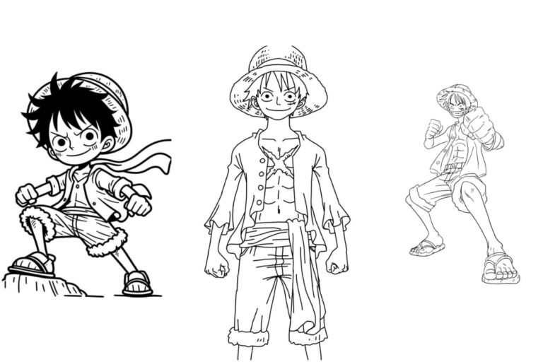 Ilustrações em preto e branco de um jovem garoto com chapéu de palha, parecido com Luffy, variando em pose e estilo da esquerda para a direita. Imprimir Grátis e Colorir!