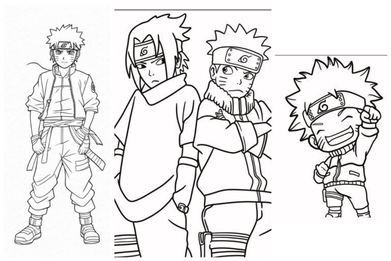 Três desenhos do Naruto: Naruto Solo na esquerda, Sasuke e Naruto no meio, e Chibi Naruto levantando o punho na direita. Imprimir grátis. Para desenhar.