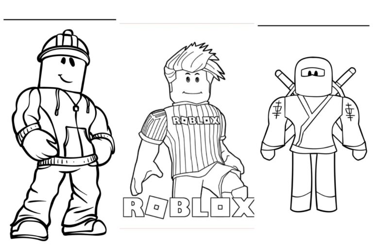 Três personagens Roblox: um com capuz, outro com camisa esportiva e um ninja com espadas nas costas. Perfeitos para colorir e imprimir grátis!