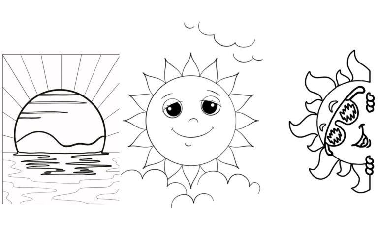 Três desenhos em preto e branco: um pôr do sol sobre a água, um sol com rosto e um sol sorridente usando óculos escuros, perfeitos para colorir.