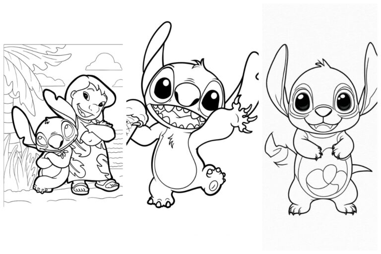 Três desenhos em preto e branco de uma criatura alienígena alegre, que lembra o Stitch, em várias poses divertidas, disponíveis para colorir.