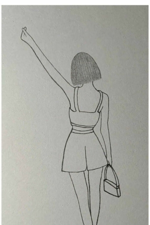 Para desenhar - Desenho de uma mulher com cabelo curto, usando um vestido curto e saltos, segurando uma bolsa na mão esquerda e levantando a mão direita com um dedo apontado para cima — perfeito para quem procura Desenhos Fáceis para Desenhar.