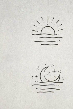 Para desenhar - Desenho simples de linhas pretas mostrando um sol acima das ondas e uma lua crescente com estrelas acima das ondas, perfeito para quem procura Desenhos Fáceis.