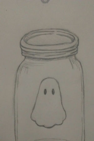 Para desenhar - Um desenho a lápis de um fantasma com um rosto simples dentro de um frasco de vidro, um desenho fácil que qualquer um pode tentar desenhar.