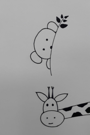 Para desenhar - Desenho simples em preto e branco de um urso, uma girafa e um panda espiando de diferentes bordas da imagem.