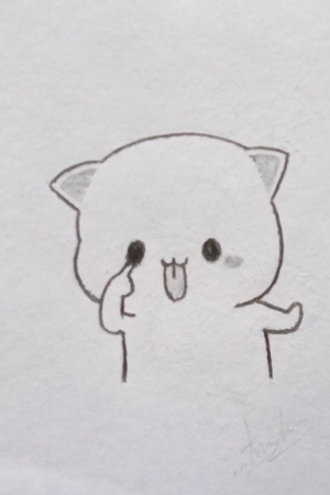 Para desenhar - Um desenho simples a lápis de um gato fofo de desenho animado mostrando a língua e apontando para a bochecha, perfeito para quem procura Desenhos Fáceis para desenhar.