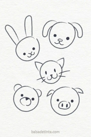 Para desenhar - Rostos de desenho animado desenhados à mão de um coelho, cachorro, gato, urso e porco em linhas pretas simples em um fundo simples — perfeito para quem quer um desenho fácil de desenhar.