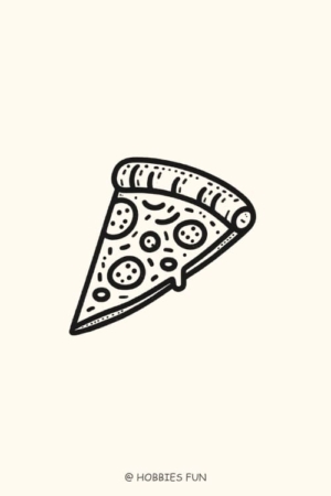 Para desenhar - Desenhar: Uma ilustração em preto e branco de uma fatia de pizza com coberturas, perfeita para quem busca um desenho fácil para aprimorar suas habilidades de desenho.