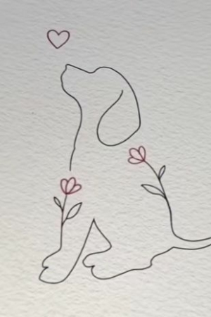 Para desenhar - Desenho simples de um cachorro olhando para um coração, com flores rosas no corpo — perfeito para quem busca desenhos fáceis de desenhar.