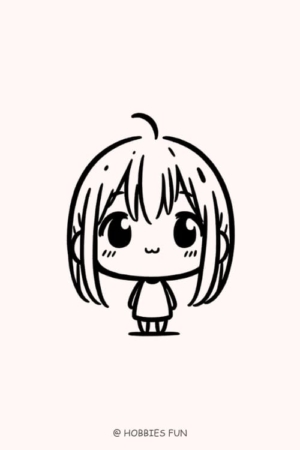 Para desenhar - Um desenho simples em preto e branco de um personagem estilo chibi com cabelo curto e corpo pequeno, de pé e sorrindo. O texto na parte inferior diz "@ HOBBIES FUN". Perfeito para quem procura Desenhos Fáceis Para Desenhar.