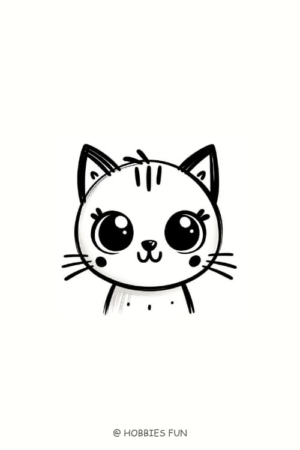 Para desenhar - Um desenho em preto e branco de um gato fofo, de olhos arregalados e pequenas manchas pretas nas bochechas e bigodes, perfeito para quem procura Desenhos Fáceis para desenhar.