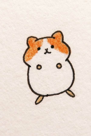 Para desenhar - Desenho de um hamster gordinho com barriga branca e manchas laranja na cabeça e nas orelhas, em pé sobre as patas traseiras – perfeito para quem busca desenhos fáceis para desenhar.