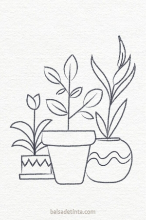 Para desenhar - Um desenho em preto e branco de três plantas em vasos com diferentes formatos de folhas e designs de vasos, mostrando desenhos fáceis de desenhar.