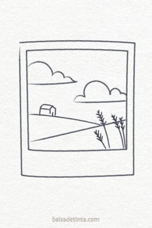 Para desenhar - Desenho simples de uma paisagem rural com uma casa, colinas, nuvens e plantas em primeiro plano — perfeito para quem gosta de Desenhos Fáceis.