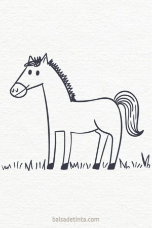 Para desenhar - Um desenho simples em preto e branco de um cavalo parado na grama, com crina, rabo e quatro patas. Este desenho fácil tem detalhes mínimos e um estilo direto, perfeito para quem busca inspiração para desenhar.