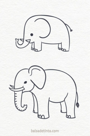 Para desenhar - Dois desenhos de elefantes simples e simples, preto e branco. O elefante de cima tem orelhas pequenas e uma tromba curva. O elefante de baixo possui grandes orelhas, presas mais longas e uma tromba reta.