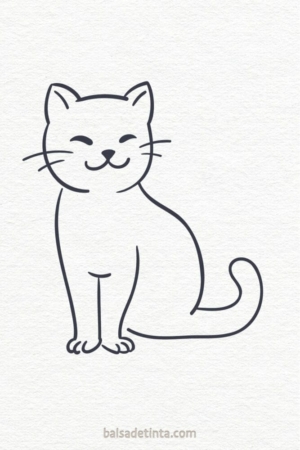 Para desenhar - Um desenho simples de um gato sorridente sentado com o rabo enrolado. O fundo é simples e de cor clara, o que o torna perfeito para quem procura desenhos fáceis para desenhar.