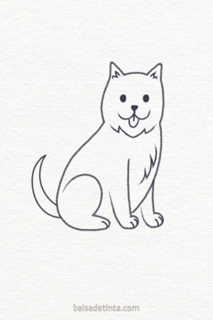 Para desenhar - Um desenho simples em preto e branco de um gato sorridente sentado com o rabo curvado, perfeito para quem quer desenhar ou achar fácil desenhar.