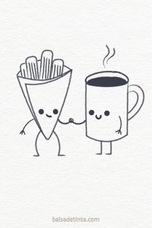 Para desenhar - Uma ilustração em preto e branco para desenho de um cone de batatas fritas sorridente de mãos dadas com uma caneca de café sorridente, ambos com braços e pernas de boneco de palito.