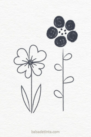 Para desenhar - Um desenho simples em preto e branco de duas flores, cada uma com diferentes formatos de pétalas e hastes altas, em um fundo branco simples. Perfeito para quem procura Desenhar algo bonito e fácil, esta peça captura a essência da natureza em um estilo minimalista.