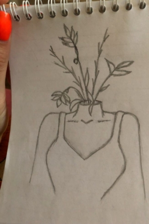 Para desenhar - Para Desenhar, um esboço de uma pessoa sem cabeça vestindo uma blusa tipo camisola, com caules e folhas de plantas crescendo em seu pescoço.