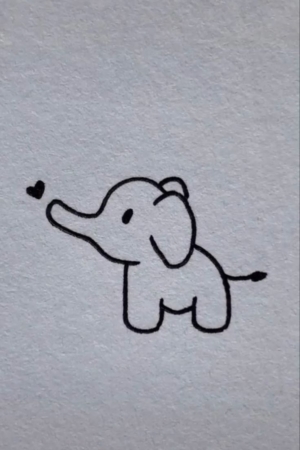 Para desenhar - Desenho simples de um elefante pequeno e fofo com um formato de coração perto da tromba em um fundo branco. Perfeito para quem procura Desenhos Fáceis.