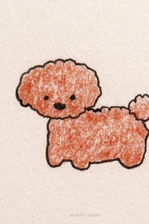 Para desenhar - Um desenho simples de um cão pequeno e fofo com corpo e cauda redondos, usando um efeito texturizado, marrom-avermelhado, tipo giz de cera. É perfeito para quem gosta de desenho e está procurando desenhos fáceis para praticar.