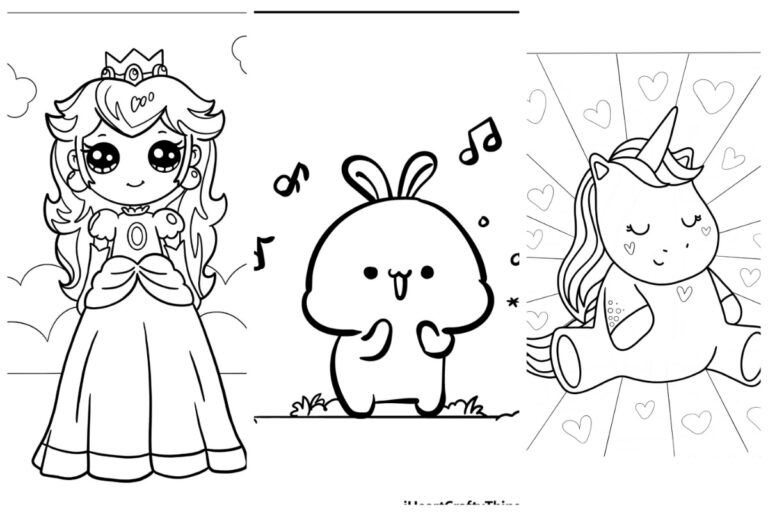 Uma princesa, um coelho musical e um unicórnio com corações são retratados em uma página para colorir em preto e branco. Perfeito para quem ama desenhos kawaii, esta cena adorável está pronta para imprimir grátis e dar vida com suas cores favoritas! Para colorir.