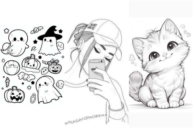 Desenho de uma pessoa tirando uma selfie, fantasmas fofos e abóboras à esquerda e um gatinho adorável à direita – perfeito para o estilo Tumblr ou como Desenhos para Colorir que você pode Imprimir Grátis.