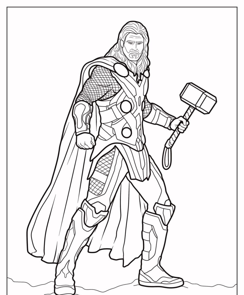 Um desenho para colorir de um super-herói segurando um martelo, vestindo uma capa e armadura, em uma pose poderosa.