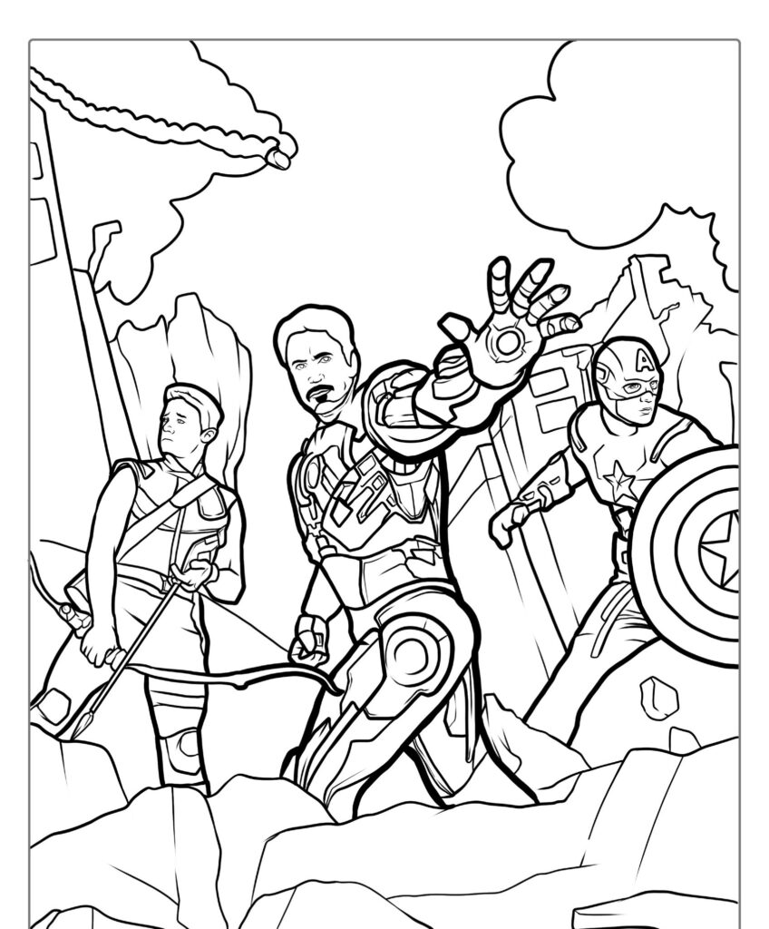 Desenho para colorir com três super heróis: um com um arco, outro em armadura com a mão levantada e um terceiro com um escudo. Desenhos para colorir perfeitos para os fãs de super heróis!