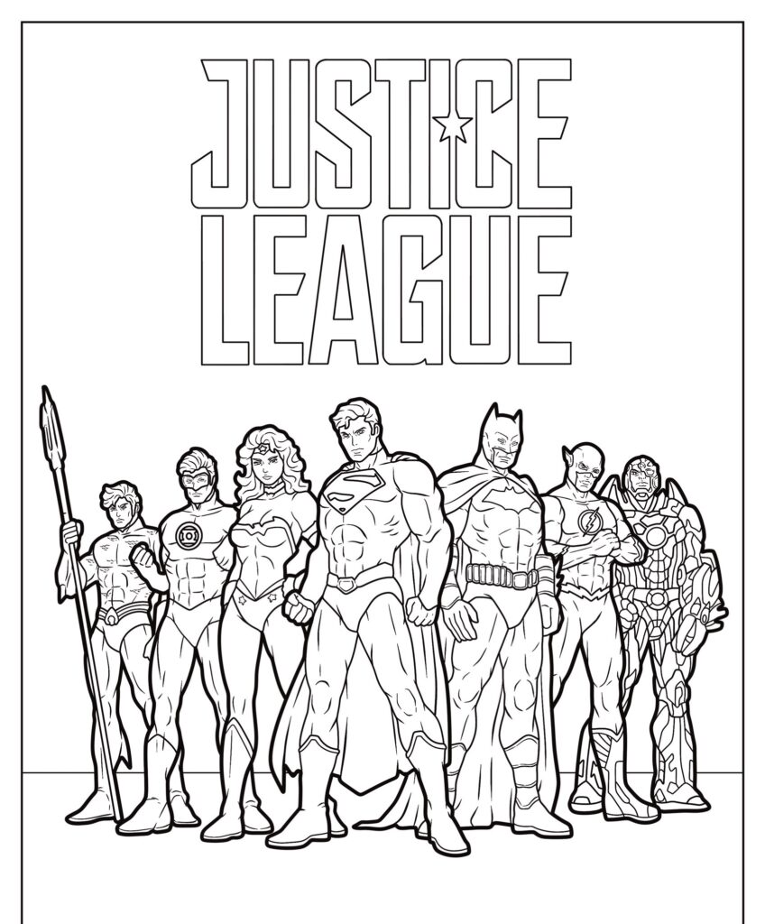 Desenho de sete super-heróis da Liga da Justiça juntos com "LIGA DA JUSTIÇA" escrito acima deles, perfeito para colorir.