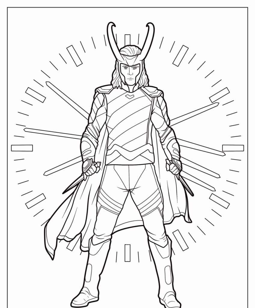 Desenho de um super-herói com capacete e capa com chifres, em pé, confiante, com um fundo circular — perfeito para desenhos de super-heróis para colorir.