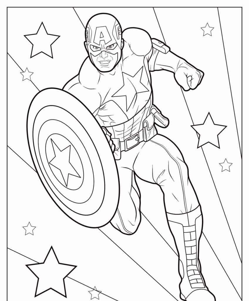 Super-herói estilo quadrinhos com um emblema de estrela no peito, segurando um escudo, em uma pose de ação dinâmica com estrelas no fundo. Perfeito para fãs de desenho para colorir!