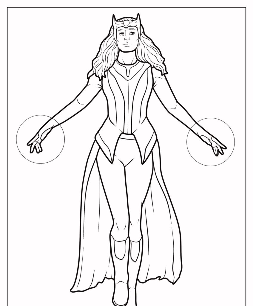 Uma super-heroína com um traje detalhado com uma capa esvoaçante, braços estendidos e círculos de energia perto das mãos, perfeito para desenhos para colorir.