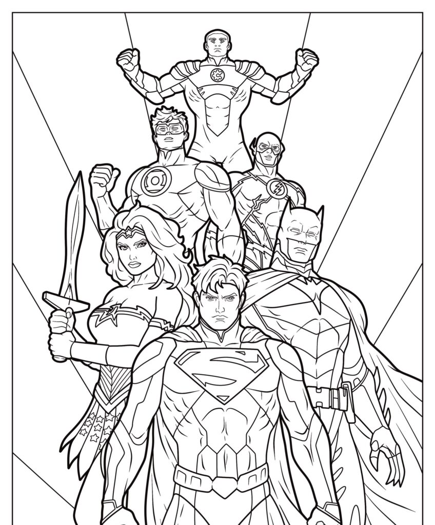 Line art de seis super-heróis em poses dinâmicas, incluindo personagens que lembram Superman, Batman e Mulher-Maravilha. Desenhos para colorir ideais para fãs de super-heróis clássicos.