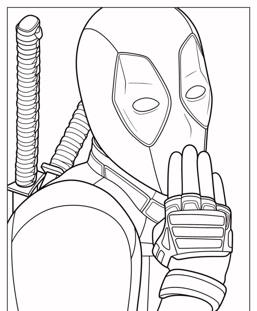 Desenho em preto e branco de um personagem mascarado com uma mão levantada, duas espadas nas costas, em gesto de silêncio, perfeito para quem gosta de desenhos para colorir.