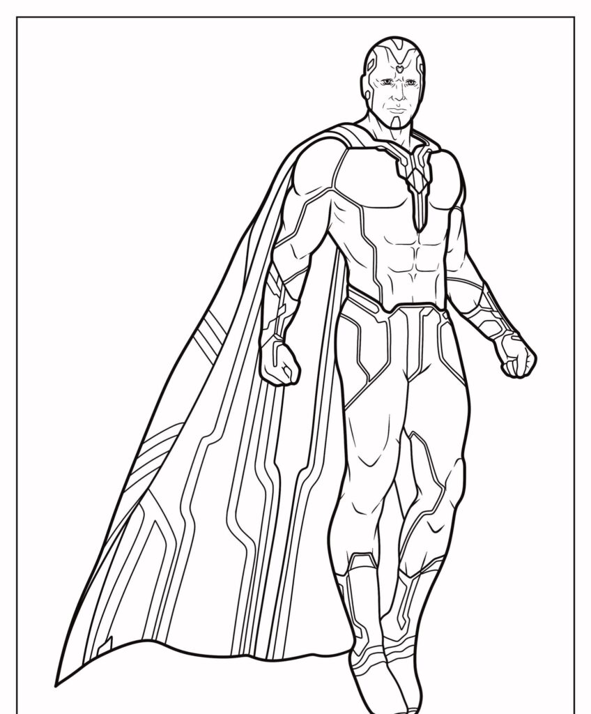 Desenho em preto e branco de um super-herói musculoso com um traje detalhado e uma capa grande, em pé, confiante – perfeito para desenho para colorir.