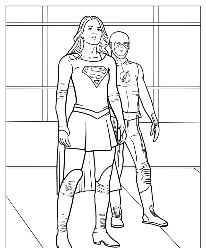 Uma ilustração em preto e branco de uma mulher fantasiada de 'Supergirl' e um homem fantasiado de 'Flash', lado a lado, perfeita para quem gosta de super-heróis coloridos.